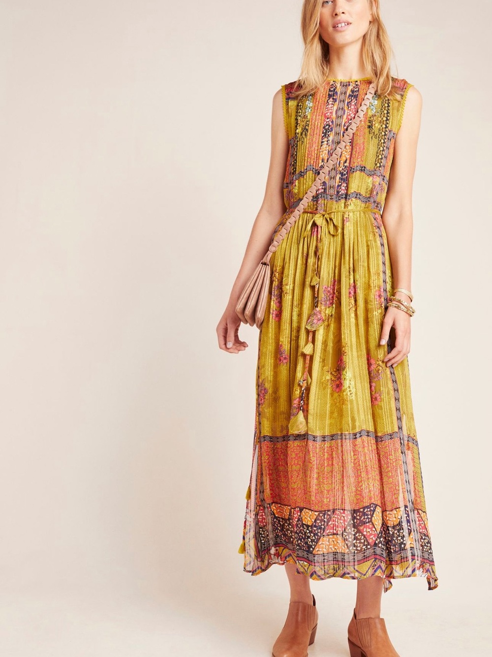 Anthropologie Citron Embroidered Maxi Dress